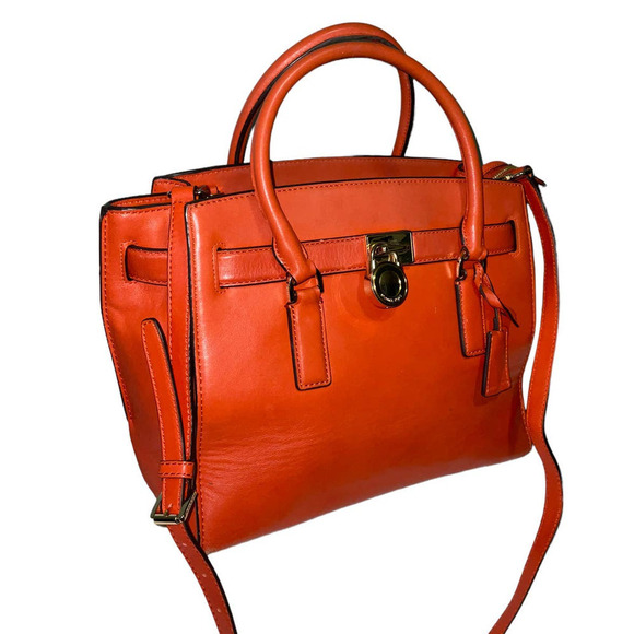 MICHAEL KORS HAMILTON TRAVELER GENUINE LEATHER SATCHEL/ SHOULDER BAG ORANGE - Picture 5 of 15